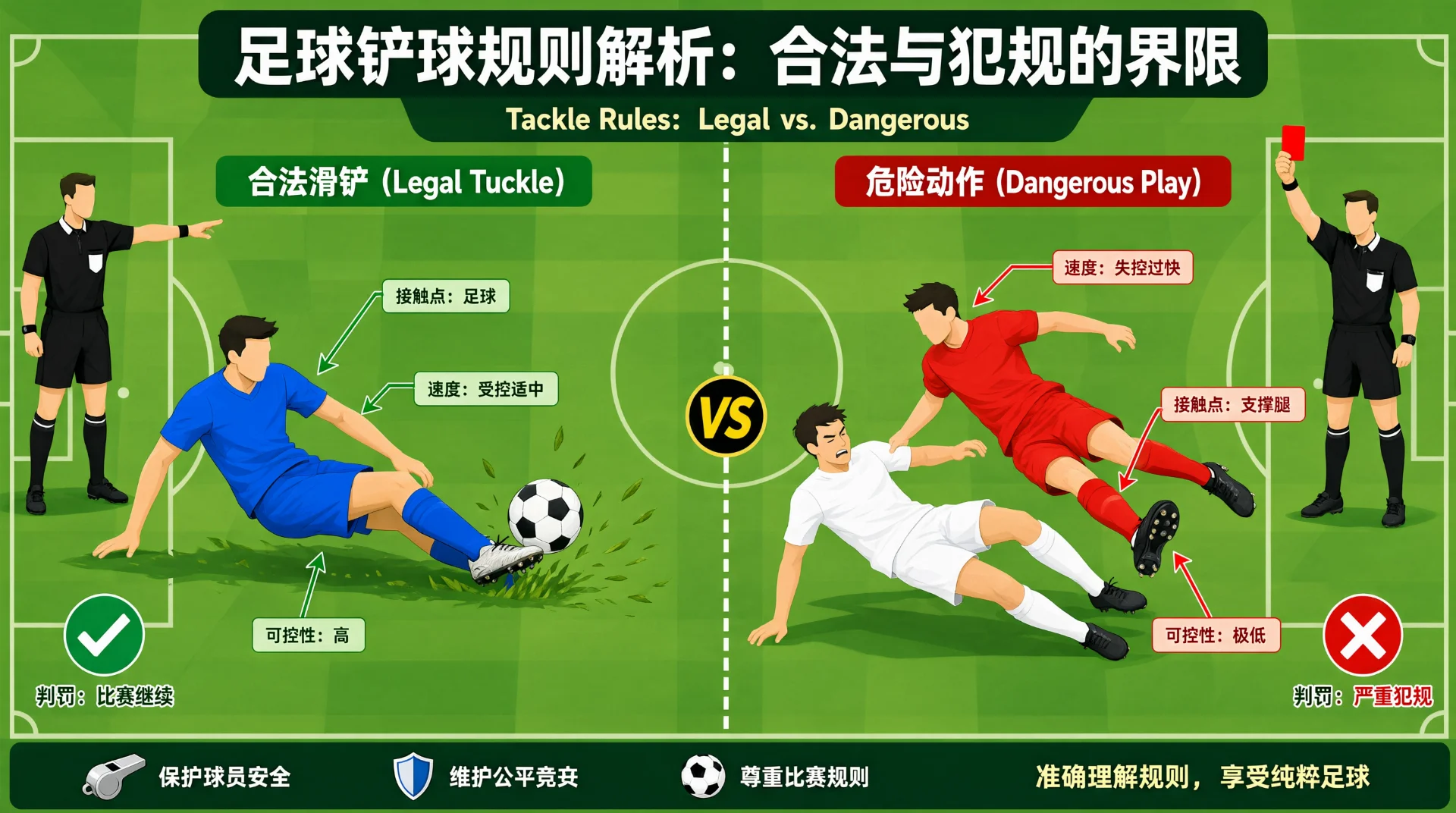 足球铲球规则对比插画：左侧蓝衣球员滑铲先触球，裁判示意比赛继续；右侧红衣球员抬高鞋钉铲向白衣球员支撑腿，裁判举红牌。箭头标注接触点、速度与可控性。