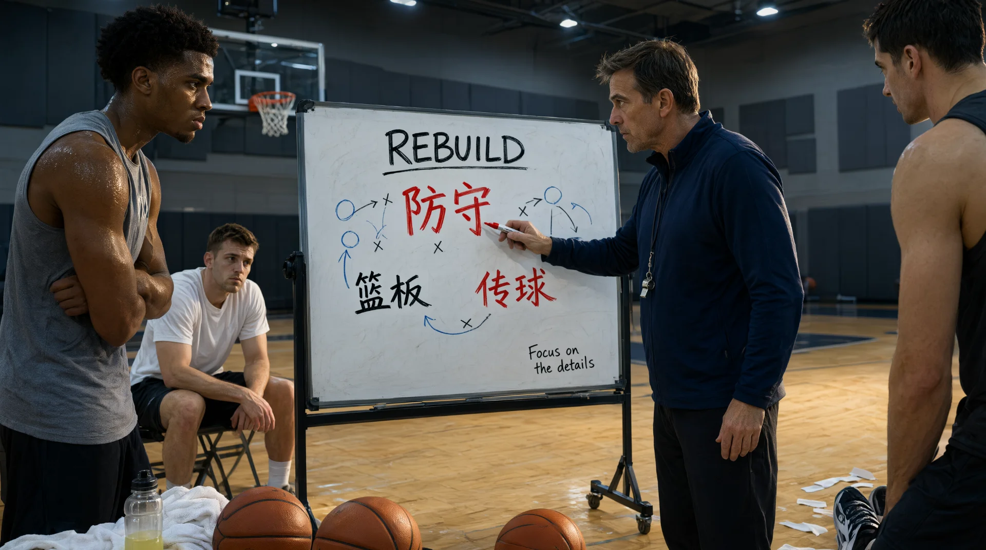 室内篮球场中，一名穿深色上衣的男子持红笔指向白板讲解，白板上写有"REBUILD"及"防守""篮板""传球"和战术图示；几名穿运动服的男子围立或坐旁注视，地上放着篮球。